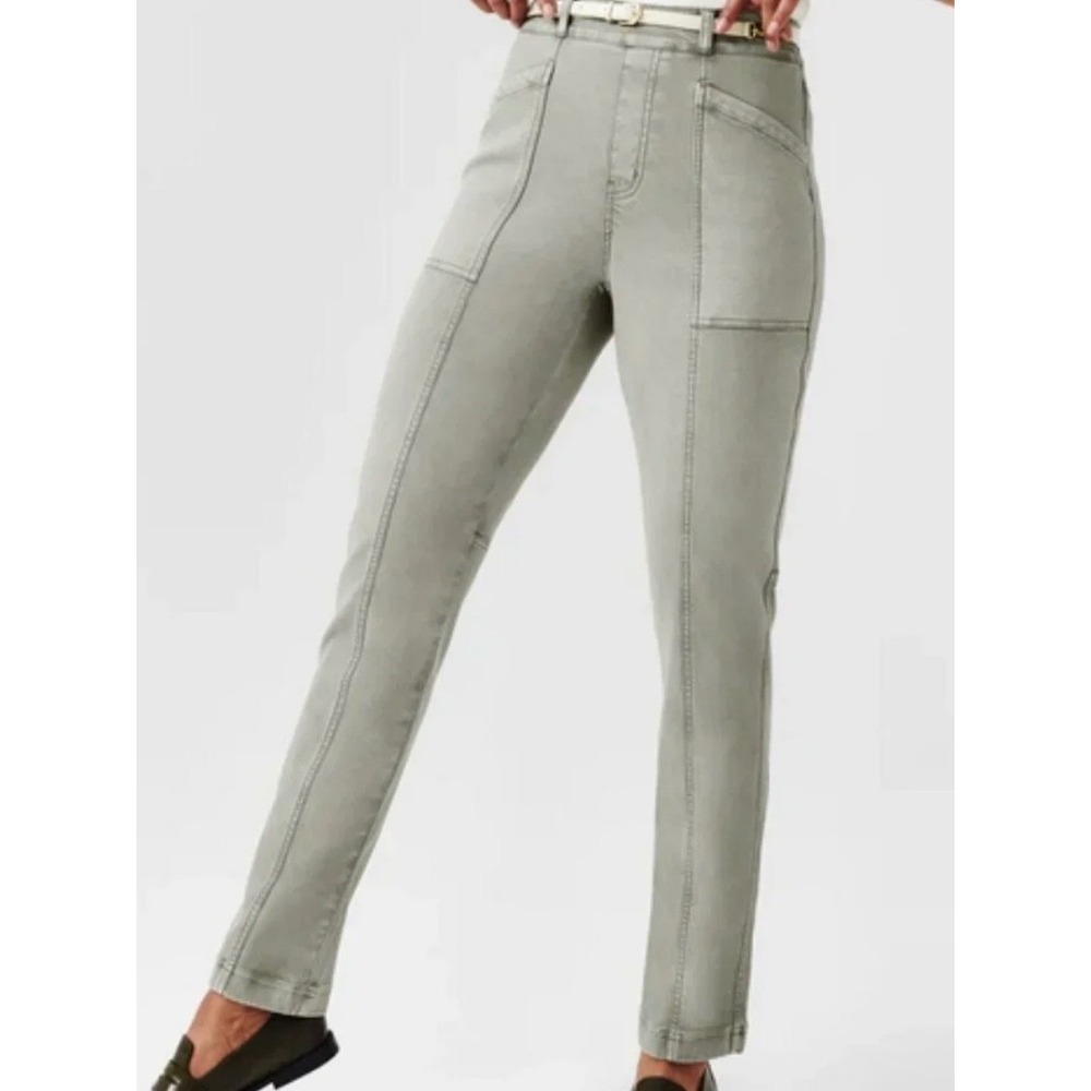 Spanx‎ Twill Straight Leg Pant Olive Oil Green High Rise Stretch Size Small
